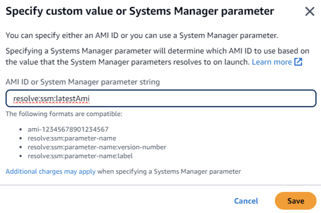 Specify custom value or systems manager parameter